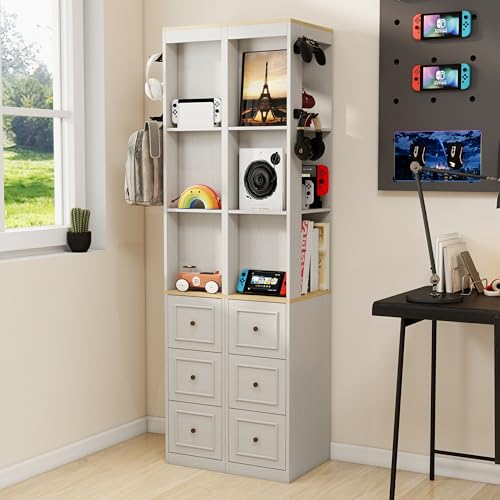 Havemies 73" Media Storage Cabinet | 3 Spacious Drawers for Games,Remotes|Detachable Hooks for Headphones,Bags|Open Shelf|Antique White|MDF|Anti-Tip