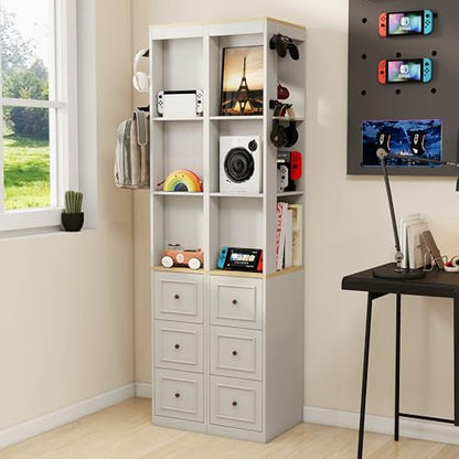 Havemies 73" Media Storage Cabinet | 3 Spacious Drawers for Games,Remotes|Detachable Hooks for Headphones,Bags|Open Shelf|Antique White|MDF|Anti-Tip