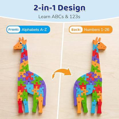 LovesTown Wooden Puzzles for Kids, Double Sided Giraffe Jigsaw with Alphabet & Numbers, Montessori Educational Toy for Toddlers, Chunky Animal Gift (Pack of 2) - size: Medium (Pack of 2), style: Giraffe