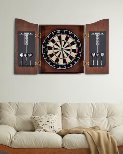 Sisal Dart Board Cabinet Sets, Decorative Dart Boards for Adults [6*Steel Darts] - Wooden Dartboard Cabinet with Integrated Scoreboard for Family Game Rooms - style: CHOCOLATE