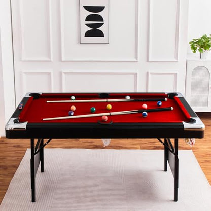 Billiard Tables, Portable Pool Table for Families with Easy Folding for Storage, Includes Balls, Cues, Brush Red 6FT