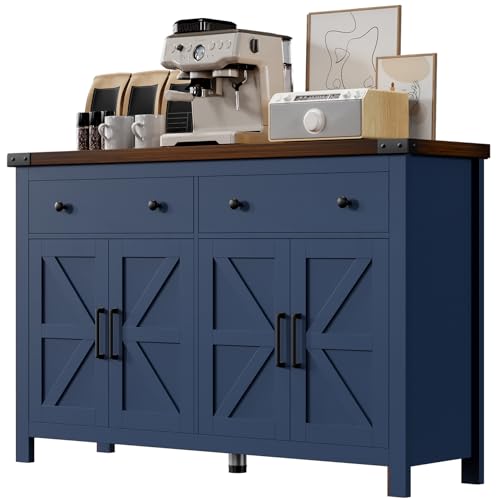 VVFLU 55'' Buffet Cabinet with Storage, Farmhouse Kitchen Storage Cabinet with 4 Doors and 2 Drawers, Coffee Bar Buffet Sideboard for Kitchen, Dining Room, Living Room, Blue Wood - color: Blue/Wood, size: 15.7"D x 55.1"W x 35.4"H