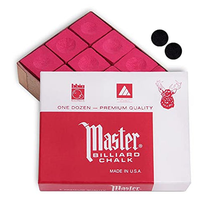 Master Billiard Pool Cue Chalk Premium Quality - 1 Dozen - Made in The USA + 2 pcs of Quality Billiard Pool Table Spots by Tweeten Fibre Co. - color: Red