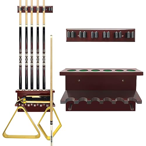 Hardwood Billiards Pool Cue Rack - Wall Mount Holder for 6 Cues, Sticks Storage and Table Accessories Organizer - Game Room Club (Red) - style: Red
