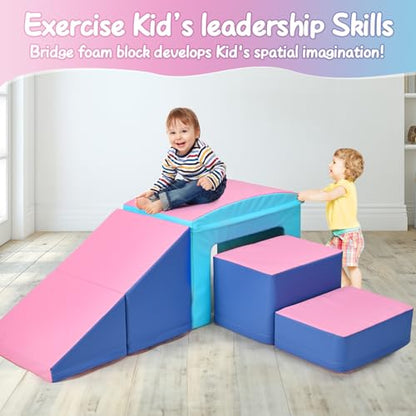 Crawl and Climb Foam Play Set, 6 Pcs Climbing Toys for Toddlers 1-3, Climb and Crawl Activity Playset, Soft Play Equipment Crawling and Sliding (Blue&Pink) 6 peices - color: Pink&blue