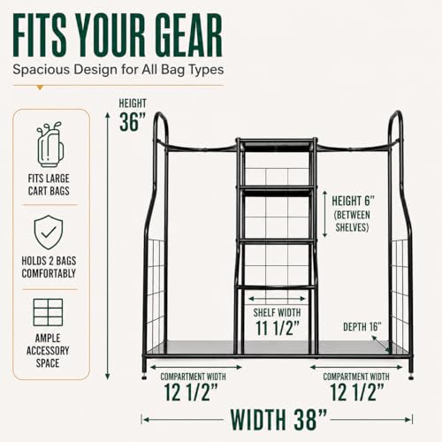Morvat Golf Organizer for Golf Bags, Clubs, Gadgets, Travel Stuff, & Accessories, Adjustable Feet, Store and Organize Your Equipment, Holds 2 Golf Bags & 5 Metal Accessory Shelves, 38x36x16 - style: Style 1