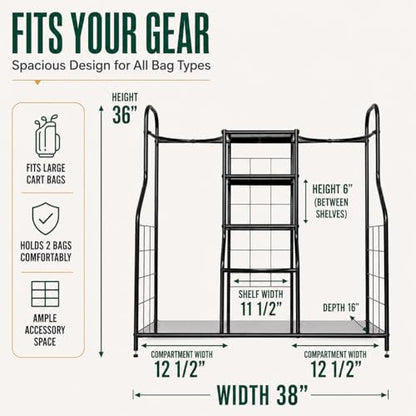 Morvat Golf Organizer for Golf Bags, Clubs, Gadgets, Travel Stuff, & Accessories, Adjustable Feet, Store and Organize Your Equipment, Holds 2 Golf Bags & 5 Metal Accessory Shelves, 38x36x16 - style: Style 1