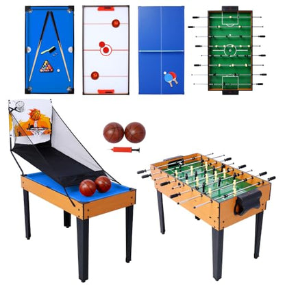 5-in-1 Multi-Game Table - Billiards, Push Hockey, Foosball, Ping Pong, and Basketball Black/Blue - color: Brown + Blue Tablecloth