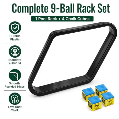 Black 9 Ball Triangle Rack with 4 Chalk Cubes, Standard 2-1/4" Pool Ball Diamond Rack Set, Durable Plastic Billiard Ball Rack and Premium Low-Dust Billiard Chalk, Complete Pool Table Accessories Kit