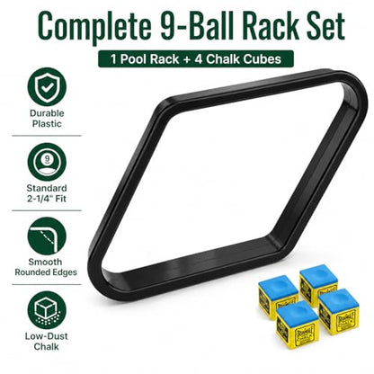 Black 9 Ball Triangle Rack with 4 Chalk Cubes, Standard 2-1/4" Pool Ball Diamond Rack Set, Durable Plastic Billiard Ball Rack and Premium Low-Dust Billiard Chalk, Complete Pool Table Accessories Kit