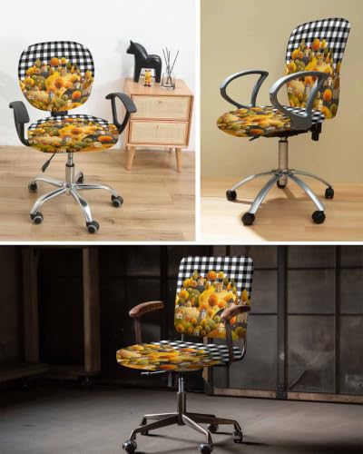 Savannan Office Chair Cover, Watercolor Hills House Protective Stretch Elastic Universal Cover for Desk Task Chair,Computer Rotating Chair 1 Pcs Autumn Trees on Black White Check