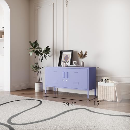 Purple Metal Accent Cabinet Locker with Lock, 2-Door Wide Storage Cabinet, Adjustable Shelves, Multifunctional TV Stand & Entertainment Center for Bedroom, Living Room - color: Lilac, style: TV stand-24"H-LK
