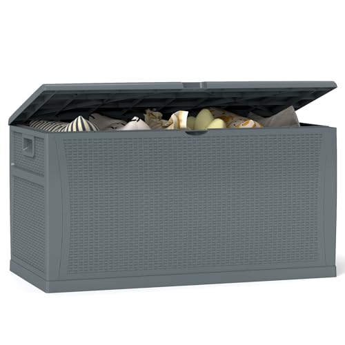 ZYJOYY 100 Gallon Resin Deck Box Waterproof Outdoor Storage Box and Patio Furniture Side Table for Pool Accessories, Gardening Tools, Outdoor Indoor Cushions, Lockable, UV Resistant - color: Grey, size: 100 Gallon