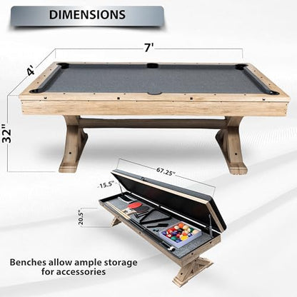 7' 3 in 1 Multi Game Pool Table with Dining Top Pool Ping Pong Table Combo with Dual Storage Bench Seating. Includes Billiards, Ping Pong Accessories. (Rustic Oak with Grey Felt)