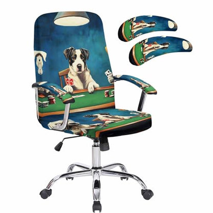 Abstract Animal Office Chair Cover with Armrest Covers, Dog Playing Poker Game Chips Blue Room Funny Universal Stretch Desk Rotating Chair Slipcovers, Removable Seat Protector with Zipper, L - color: Dark Green Brown, size: Large & 2PCS Armrest Covers