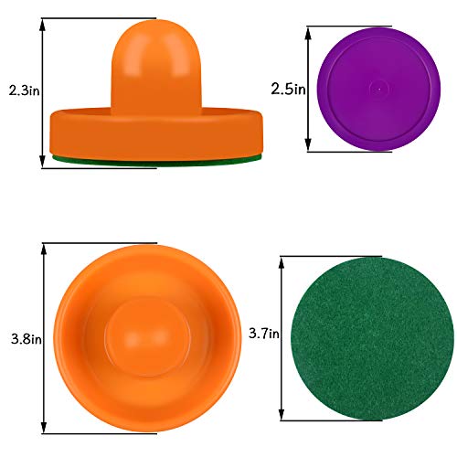 ONE250 Air Hockey Pushers and Red Air Hockey Pucks, Goal Handles Paddles Replacement Accessories for Game Tables (4 Striker, 4 Puck Pack) - color: Orange & Purple