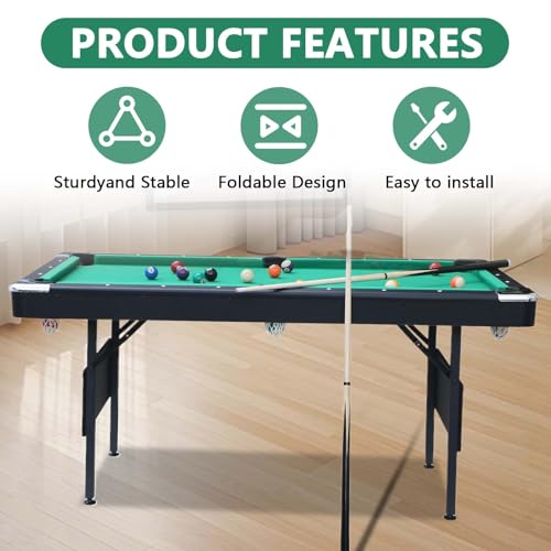 Billiards Table, 5.5 Ft Foldable Pool Table, Balls, Brush, Triangle Rackand, Chalk, for Basements, Adult Rrec Room and Family Game Room - color: Black+Green