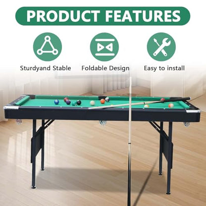 Billiards Table, 5.5 Ft Foldable Pool Table, Balls, Brush, Triangle Rackand, Chalk, for Basements, Adult Rrec Room and Family Game Room - color: Black+Green