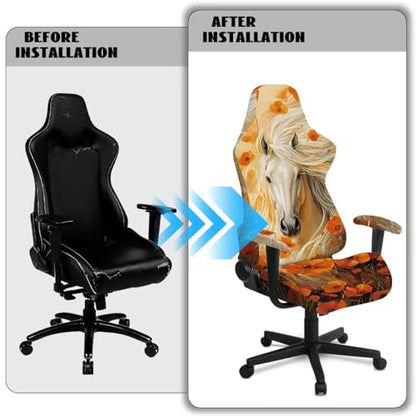 Horse Flower Print Gaming Chair Covers Slipcovers 4Pcs with Armrest Cover Dust-Proof Skin Friendly Gamer Desk Chair Covers Fits Most Office/PC Chairs & Racing Style Seats - color: Orange - Horse Flower
