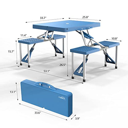 VINGLI 4 Ft Camping Picnic Table Set with 4 Seats with Umbrella Hole Folding Lightweight Suitcase Card Table-220 Lbs Support Aluminum Frame, Plastic RV Tabletop for Barbecue,Travel,Outing,Gathering - color: Blue