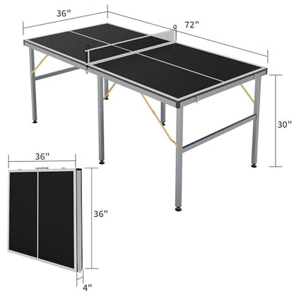 Folding Ping Pong Table 6x3 ft, 12mm MDF Indoor Outdoor Portable Ping Pong Table with Net, Wheels and Playback Mode for Home Game Room, Black