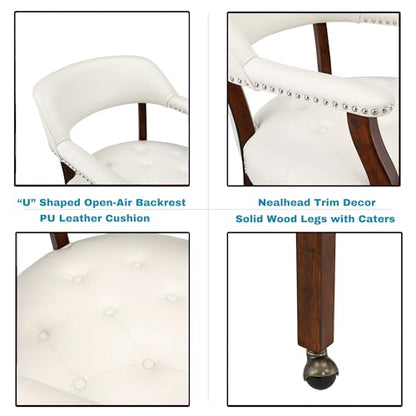 Set of 4 Dining Leather Chairs with Casters & Arms, Accent Captain Chair with Wheels, Roller Wood Wheeled Chairs for Kitchen & Game Poker Table,Cherry&Ivory 1533WT(NO Table!) - color: Cherry&ivory