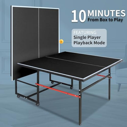 8FT Outdoor Ping Pong Table, Foldable & Portable Table Tennis Set with Net, 2 Paddles & 3 Balls, Game Table with Single Player Playback Mode - color: Black