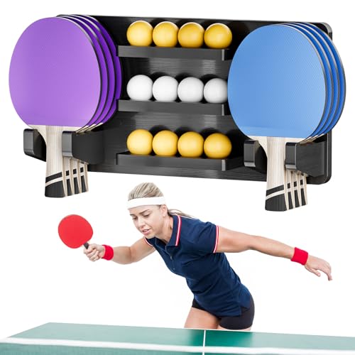 Ping Pong Paddle Holder Wall Mount Hold 8 Paddles and 12 Ball Storage, 100% Solid Wood Ping Pong Paddle Storage Rack, Table Tennis Accessories Organizer in Game Room,Man,Cave,Office,Home, Black - color: Wall/Black