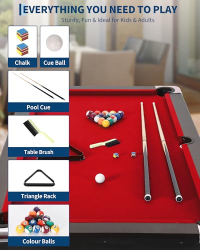 6/7 ft Pool Table, Folding Billiard Table, Portable Pool Tables with Billiard Balls, 2 Cue Sticks, Felt Brush & Chalk for Family Game Room & Home Recreation - color: Red-7FT