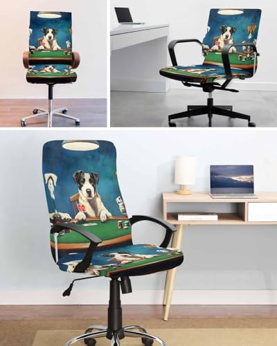 Abstract Animal Office Chair Cover, Dog Playing Poker Game Chips Blue Room Funny Universal Stretch Desk Rotating Chair Slipcovers, Removable Seat Protector with Zipper, L - color: Dark Green Brown, size: Large