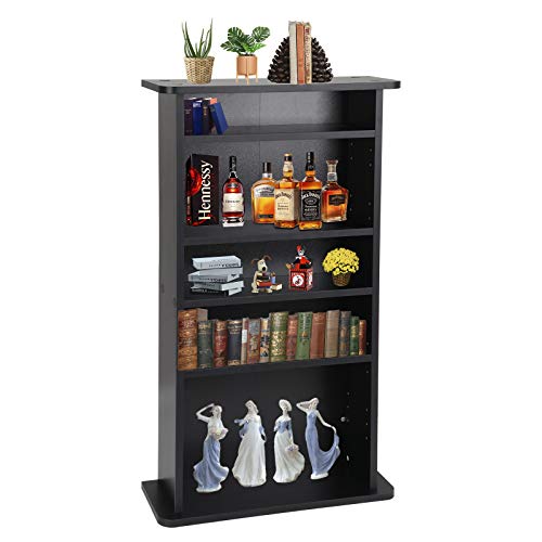 5 Shelf Bookcase 5 Tier Wooden Multimedia Storage Media Cabinet DVD Rack, Adjustable Shelves Organize a Mix of Media Storage Furniture 240 CDs DVDs or 132 Blue Ray Video Games Books