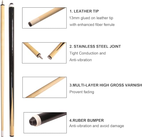Pool Cue Sticks 48" 58" Wooden Billiard Cues with 13mm Leather Tip 17oz/18oz/19oz Set of 2/4/6/8 Durable Hard Wood 2-Piece Pool Sticks for House & Bar Use Begginers or Professional
