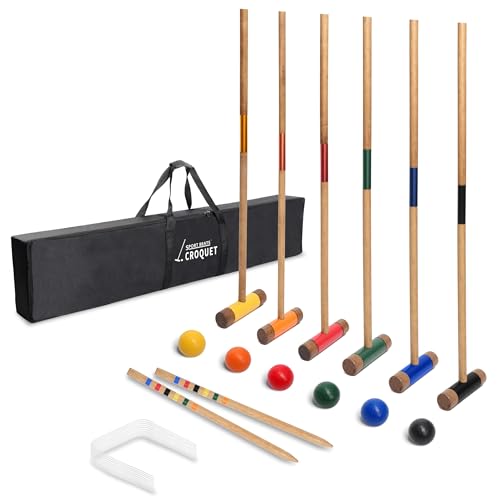 SPORT BEATS Six Player Croquet Set Solid RubberWood 36 Inch Mallets with Carry Case, Six Balls, Nine Wickets, 2 Stakes for Backyard Outdoor Games - color: Brown, size: 36 Inches