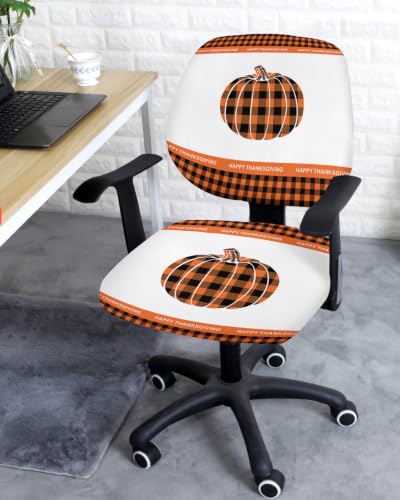 Savannan Office Chair Cover, Fall Pumpkin Thanksgiving Orange Buffalo Plaid Protective Stretch Elastic Universal Cover for Desk Task Chair,Computer Rotating Chair 1 Pcs Autumn Fruit Black Check