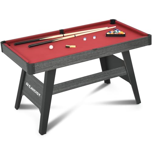 Pool Table, Portable Wooden Billiards Table for Kids, Indoor Pool Game Tables with 2 Cue Sticks, 16 Balls, Triangle, Chalk, Brush for Family, Game Room, Party - color: 54 Inch-Red