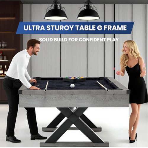 84" Rustic Grey Pool Table with X-Shaped Legs and Black Cloth – Includes Billiard Balls, Cues, and Accessories for Game Room & Home Entertainment (Grey Finish)