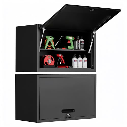 Garage Wall Cabinet with Flip-Up Door and Shelf, Lockable Metal Storage Cabinet Wall Mounted, Hanging Tool Cabinet for Garage Basement Utility Room, Black - color: Black, style: 1 Door & 1 Shelf - Floating