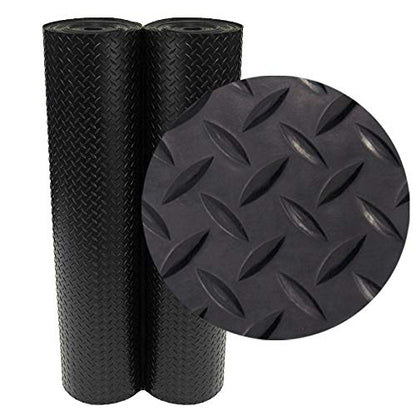 Rubber-Cal Diamond-Plate Rubber Flooring Roll - 3 mm x 4 ft x 9 ft Roll - Black - size: 108"L x 48"W x 0.1"Th