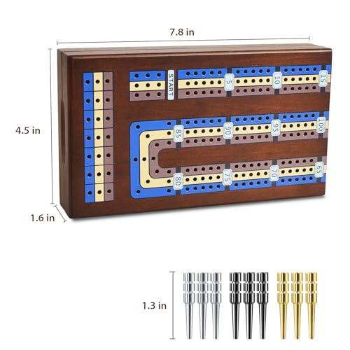 ELONGDI Foldable Wooden Cribbage Board Game Set, Portable Travel 3 Track Cribbage Board with Magnetic Closure,9 Metal Pegs,A Deck of Cards - Family Board Games for Kids and Adults