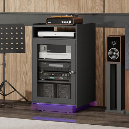 ELECWISH Media Cabinet with Tempered Glass Door, 5-Tier Stereo Cabinet with Adjustable Shelf, Media Stand with LED Light, AV Rack with Cable Management