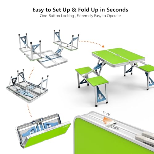VINGLI 4Ft Portable Folding Picnic Table Camping Table Foldable Set with 4 Seats with Umbrella Hole Suitcase Card Table-220 Lbs Support Aluminum Frame, Plastic RV Tabletop for Yard, Travel-Black - color: Green