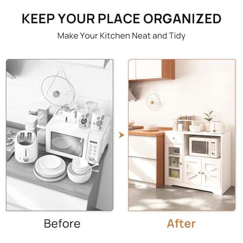 Storage Cabinet with Power Outlet, 35" Modern Sideboard Buffet Cabinet w/Adjustable Shelf, Wooden Kitchen Cabinet with Open Shelves for Living Room, Dining Room, Kitchen, White - color: White, style: Microwave Cabinet