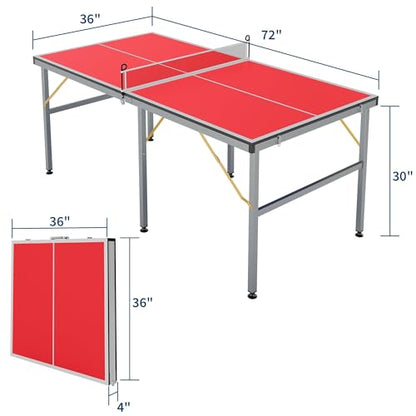 Foldable Ping Pong Table, 6FT Mid-Size Table Tennis Game Set,Portable Ping Pong Tables with Net, 2 Table Tennis Paddles and 3 Balls,Instant Setup,No Assembly Required - color: Red