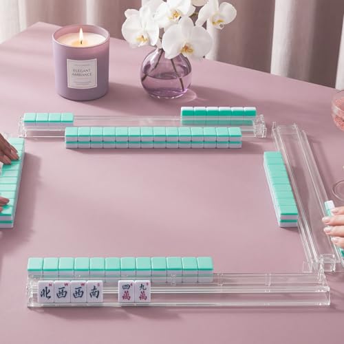 American Mahjong Game Set, 166 Light Green Tiles, 4 All-in-One Transparent Racks/Pushers, Complete Mahjong Tile Set, Light Blue Carrying Bag - color: Light Blue
