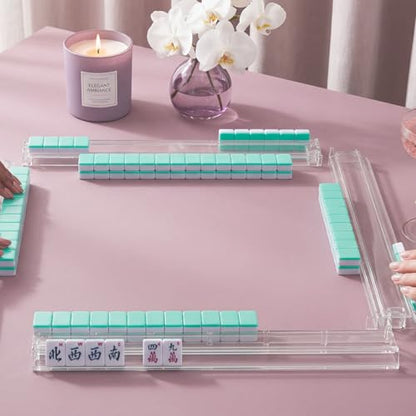 American Mahjong Game Set, 166 Light Green Tiles, 4 All-in-One Transparent Racks/Pushers, Complete Mahjong Tile Set, Light Blue Carrying Bag - color: Light Blue
