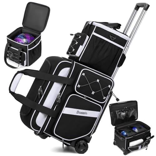 BOSSTIN 3 Ball Bowling Bag with Wheels, 2 Ball Bowling Bags Double roller with 1 Ball Add On Bag, Multi-Pockets & Shoe Compartment (Fits Up to Size 15) - color: Black
