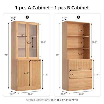 TUSY Tall Bookcase with Glass Doors and Drawers,71'' Wooden Bookshelf with Storage,Display Cabinet for Living Room, Home Office,Set of 2 (A+B)