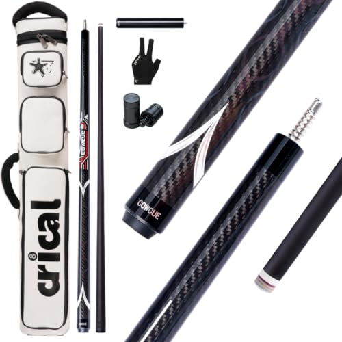CRICAL COWCUE 58-Inch Carbon Fiber Pool Cue, Low Deflection, 12.5mm Tip | Adjustable pool cue with 3/8x8 joint for stable control, regular billiards practice and pool hall play. - color: CW-04-set1