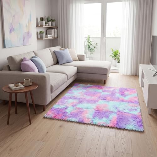 16 Pcs Blue Purple Faux Fur Floor Tiles, 11.8 x 11.8 in Puzzle Girls Play Soft Tiles, 1.5 Inch Shaggy Square, EVA Foam Floor Mat for Nursery, Playroom, Bedroom, Toddler Room, Daycare - color: Blue Purple