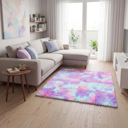 16 Pcs Blue Purple Faux Fur Floor Tiles, 11.8 x 11.8 in Puzzle Girls Play Soft Tiles, 1.5 Inch Shaggy Square, EVA Foam Floor Mat for Nursery, Playroom, Bedroom, Toddler Room, Daycare - color: Blue Purple